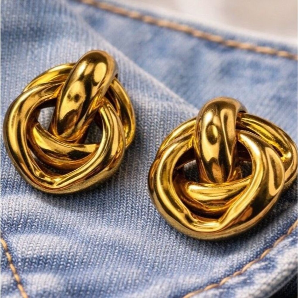 Vintage 1980s Gold Tone Love Knot Earrings Chunky Knot Stud Statement Pierced